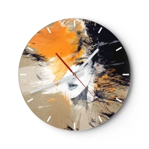 Väggklocka - Klocka på glas - Abstrakt porträtt av en kvinna i varma nyanser av orange och beige. - 30x30cm - Och så blir det ljus - Modern väggdekoration för vardagsrum, kök och sovrum ARTTOR
