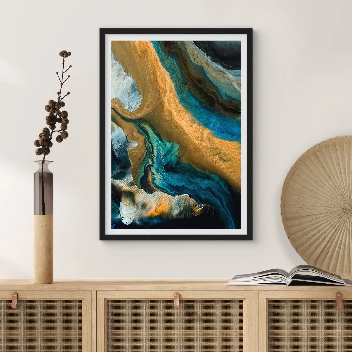 Affisch i svart ram - Blå – gul – ömsesidiga influenser - 40x50 cm