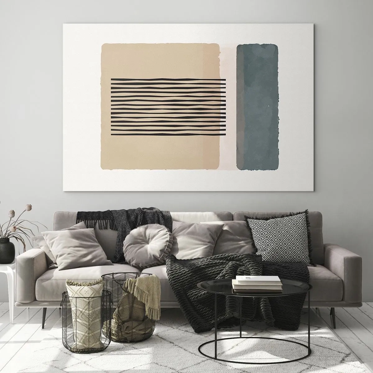 Glastavla - Bild på glas - Geometrisk komposition med ränder och färgblock - 70x50cm - Allt väl - Modern väggdekoration för vardagsrum och sovrum ARTTOR