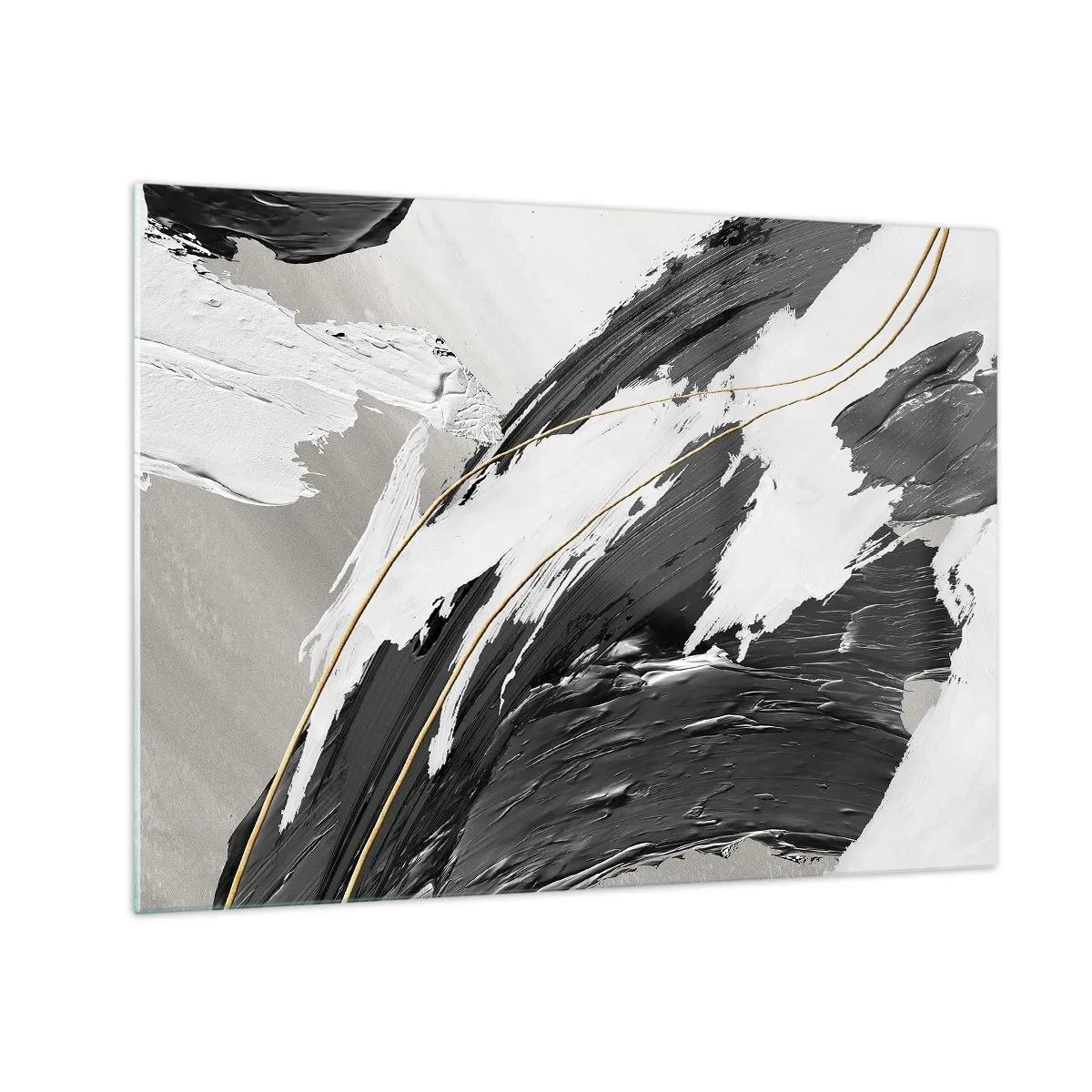 Glastavla - Bild på glas - Dynamiska svartvita penseldrag med guldfärgade accenter - 70x50cm - Storslagen abstraktion - Modern väggdekoration för vardagsrum och sovrum ARTTOR