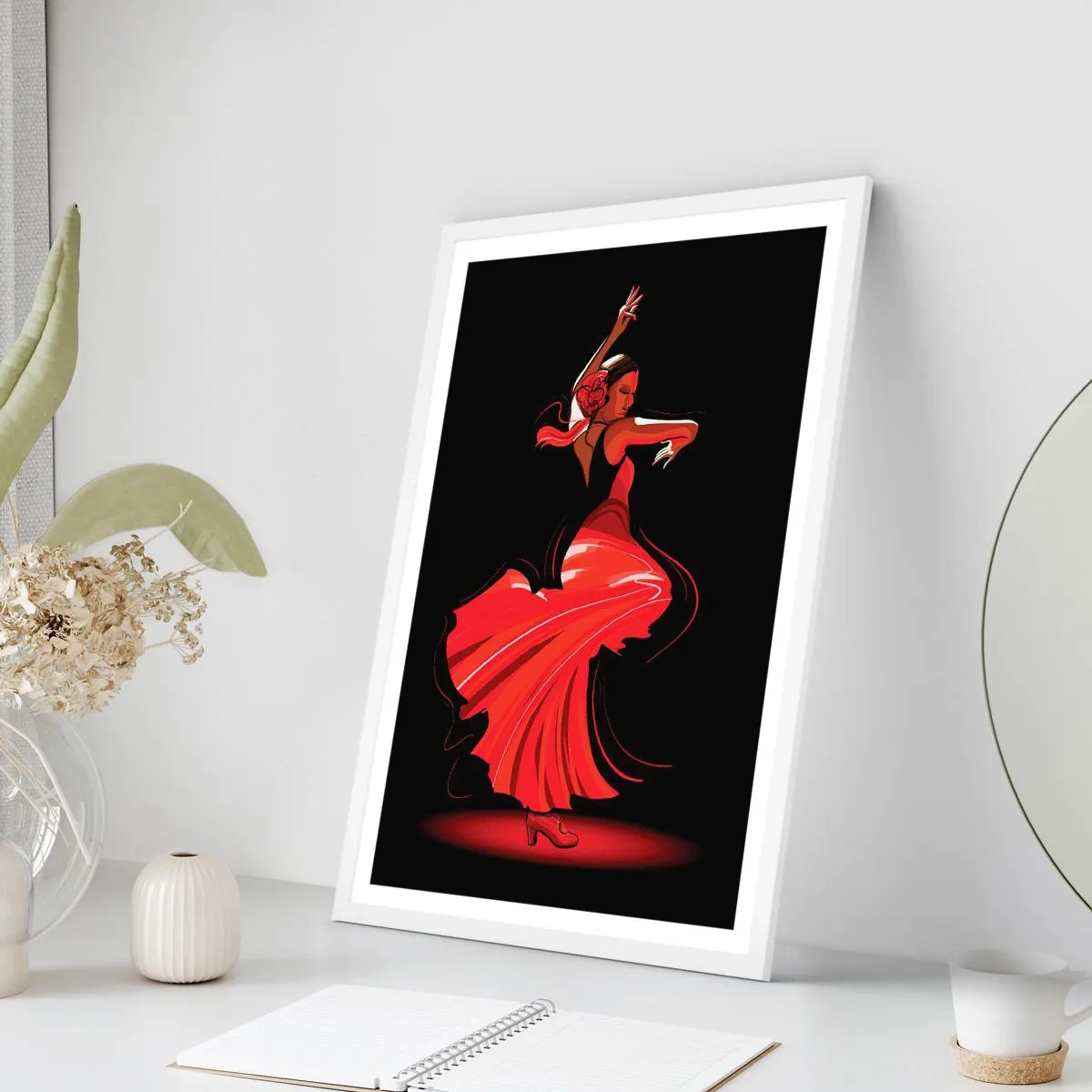 Affisch i vit ram - Flamencos brinnande anda - 70x100 cm