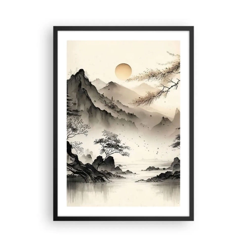 Affisch i svart ram - Ett minimalistiskt bergslandskap i japansk stil - 50x70cm - Orientens unika charm - Modern väggdekoration för vardagsrum och sovrum ARTTOR