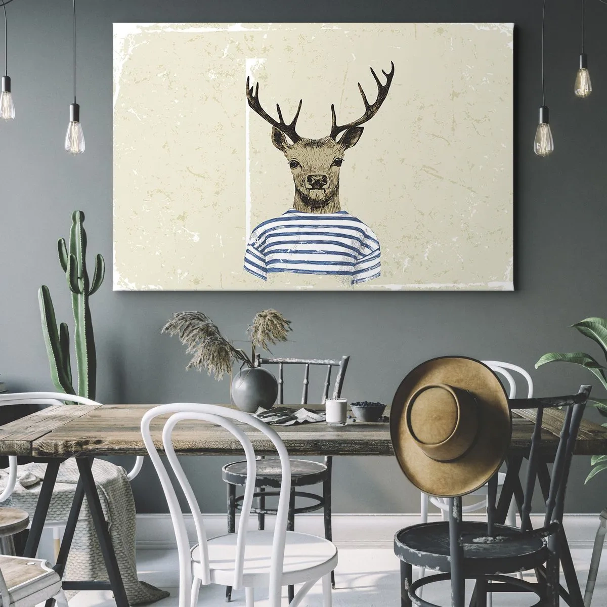 Canvastavla - Bild på duk - En hjort i randig skjorta på en ljus bakgrund med en delikat textur - 70x50cm - Ty jag gillar randiga tröjor! - Modern väggdekoration för vardagsrum och sovrum ARTTOR