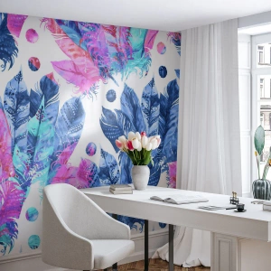 Fototapet Standard Eco - Fjädrar i vitt och blått - Fågel fjäder, Färgglad Illustration, Grafik - 150x105 cm