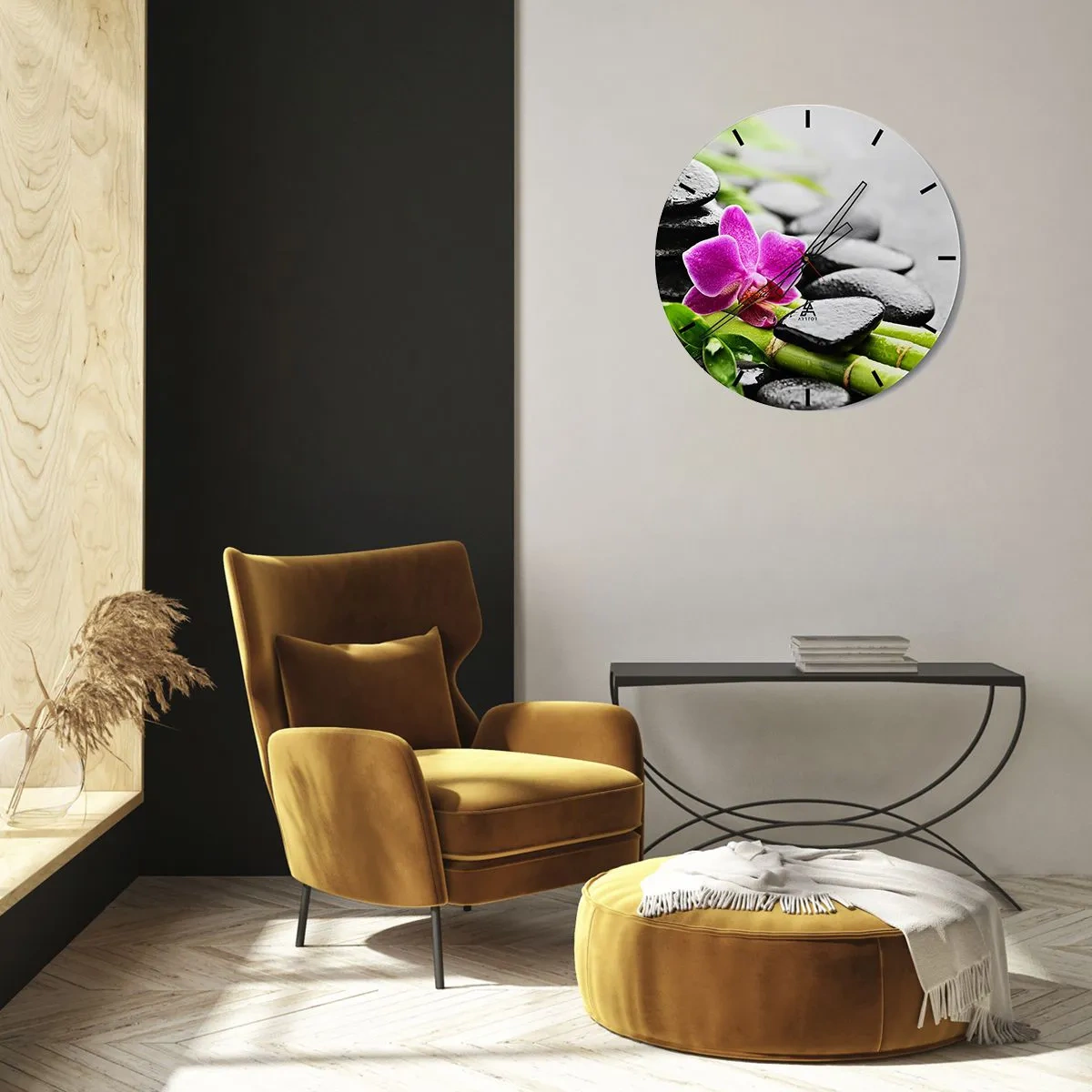 Väggklocka - Klocka på glas - Lila orkidéblomma på en bakgrund av stenar och bambu - 30x30cm - Lugn balans - Modern väggdekoration för vardagsrum, kök och sovrum ARTTOR
