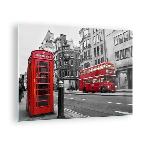 Glastavla - Bild på glas - Röd telefonkiosk och buss i London - 70x50cm - Rödast i Europa - Modern väggdekoration för vardagsrum och sovrum ARTTOR