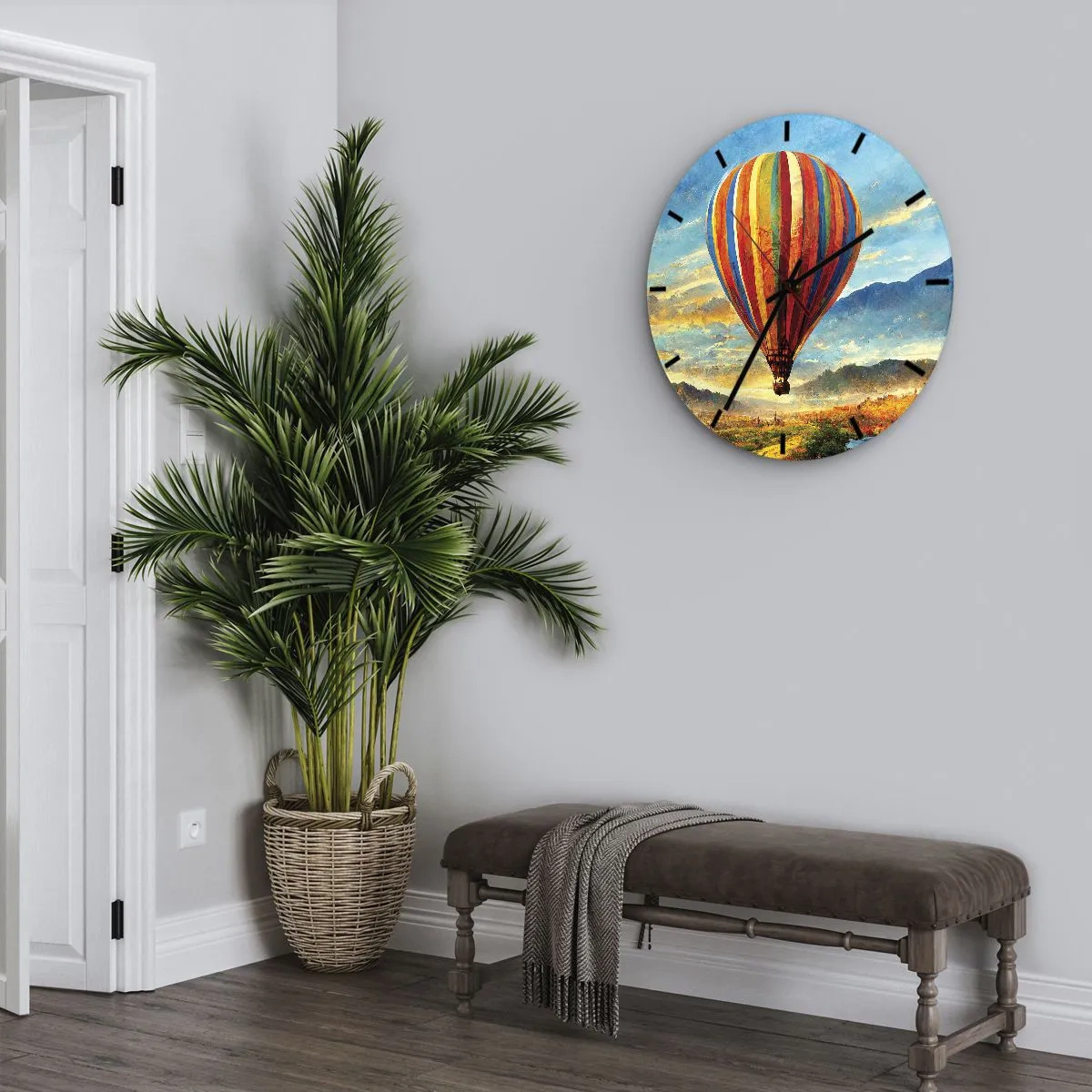 Väggklocka - Klocka på glas - En färgglad ballong mot ett bergslandskap vid soluppgången - 30x30cm - I tystnad ser man mer - Modern väggdekoration för vardagsrum, kök och sovrum ARTTOR