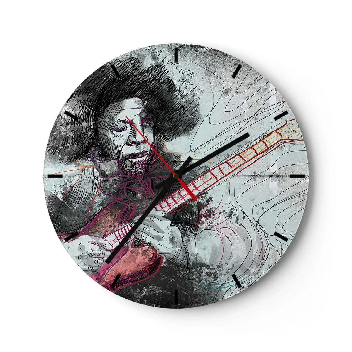 Väggklocka - Klocka på glas - Konstnärligt gitarristmotiv i pastellfärger - 30x30cm - På musikens vågor - Modern väggdekoration för vardagsrum, kök och sovrum ARTTOR