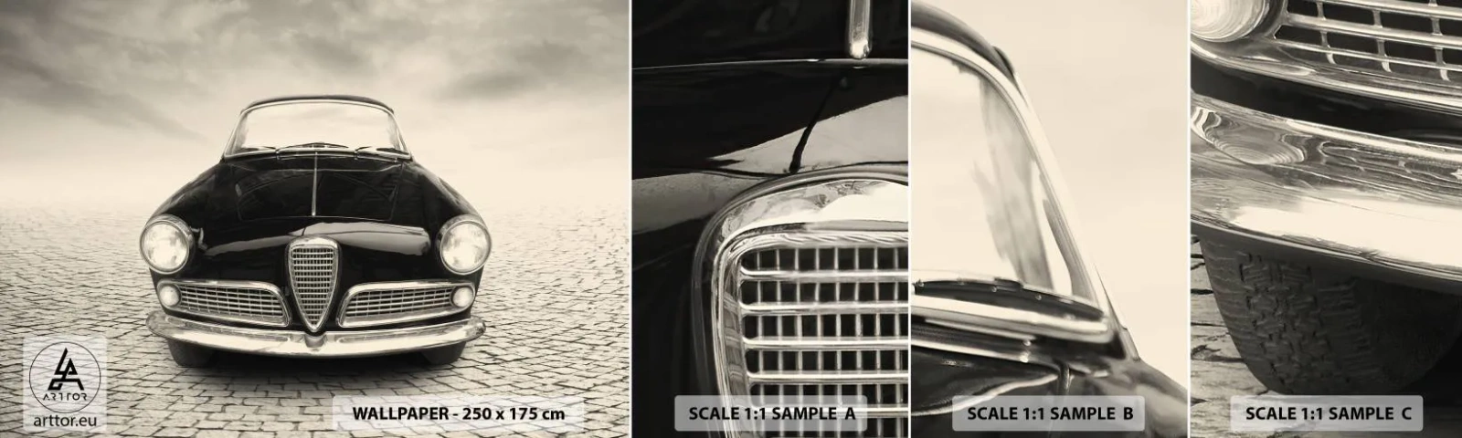 Fototapet Prov Standard Eco - Hur kan man inte älska mig? - Bil, Årgång, Svartvitt - 100x30 cm