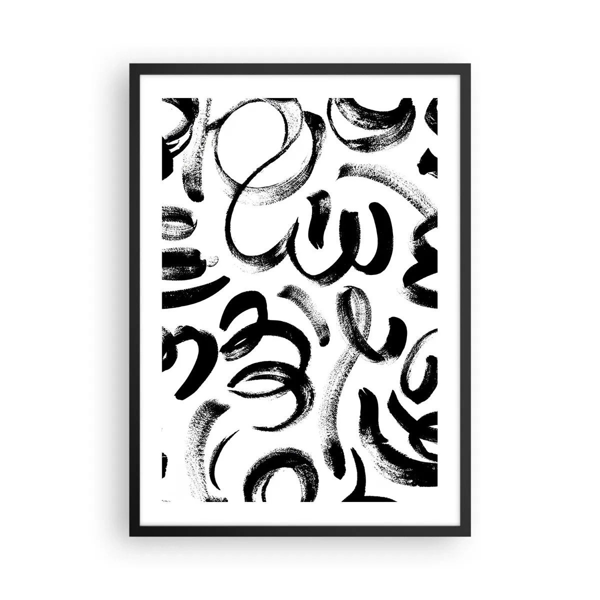 Affisch i svart ram - Abstrakta svarta penseldrag på en vit bakgrund - 50x70cm - Svart på vitt - Modern väggdekoration för vardagsrum och sovrum ARTTOR