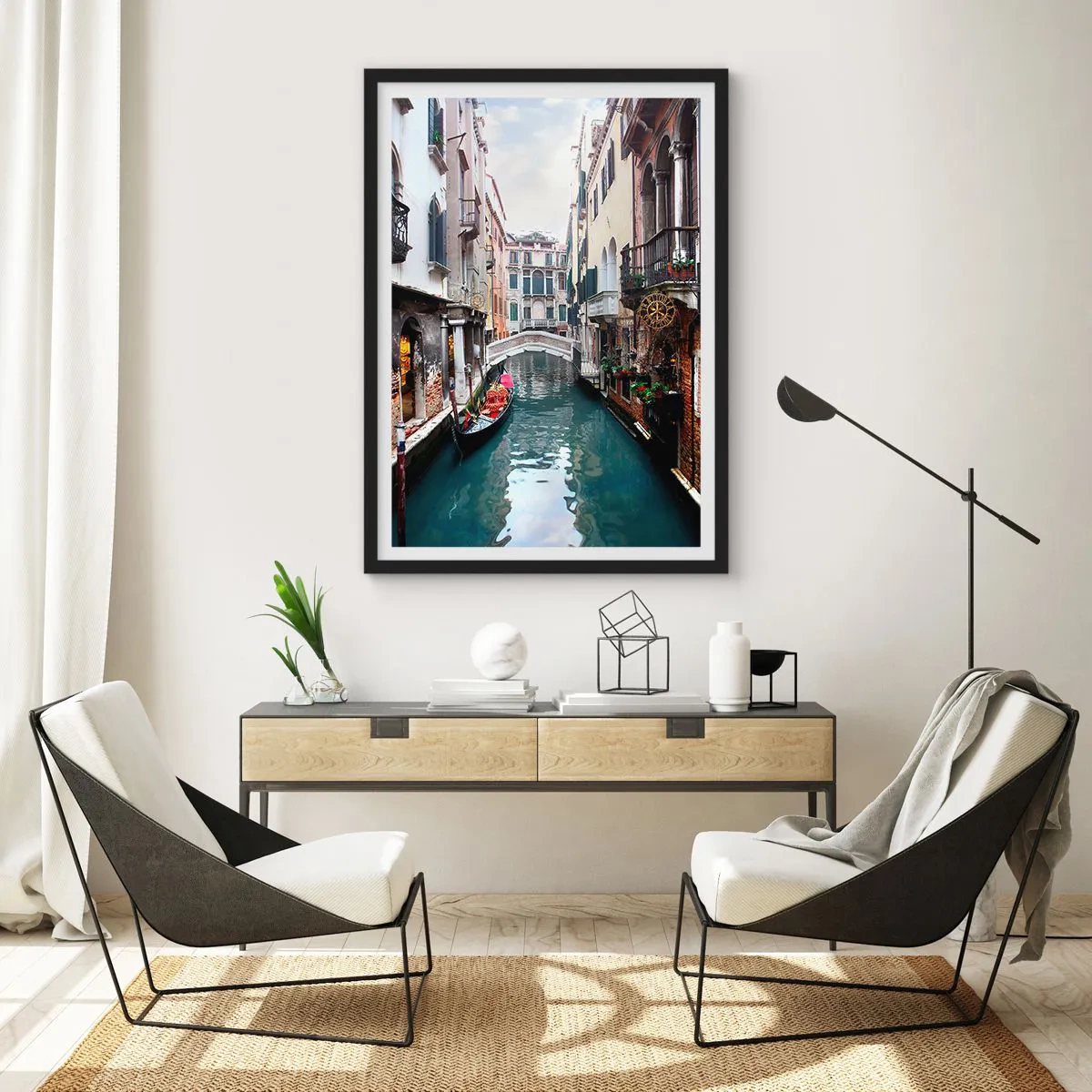 Affisch i svart ram - Venedig-landskap med gondol och bro - 40x50 cm