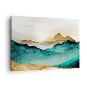 Canvastavla - Bild på duk - Abstrakt landskap med berg och gyllene accenter - 70x50cm - På gränsen till abstraktion - landskap - Modern väggdekoration för vardagsrum och sovrum ARTTOR