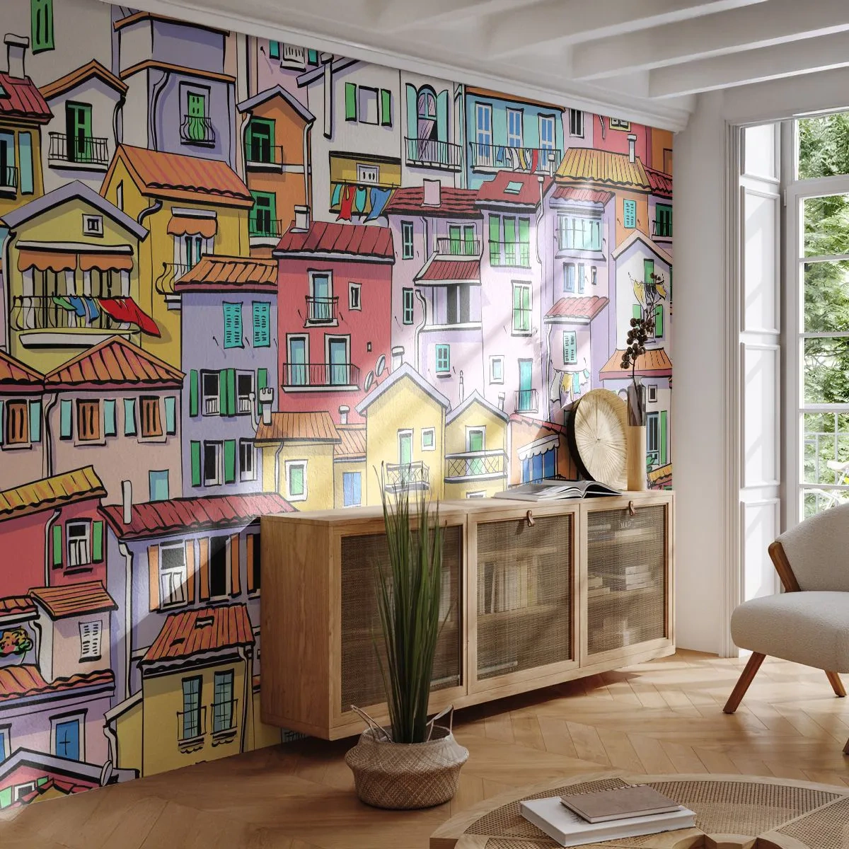 Fototapet Premium Canvas - Gladlynt stad - Stad, Hyreshus, Hus - 250x175 cm