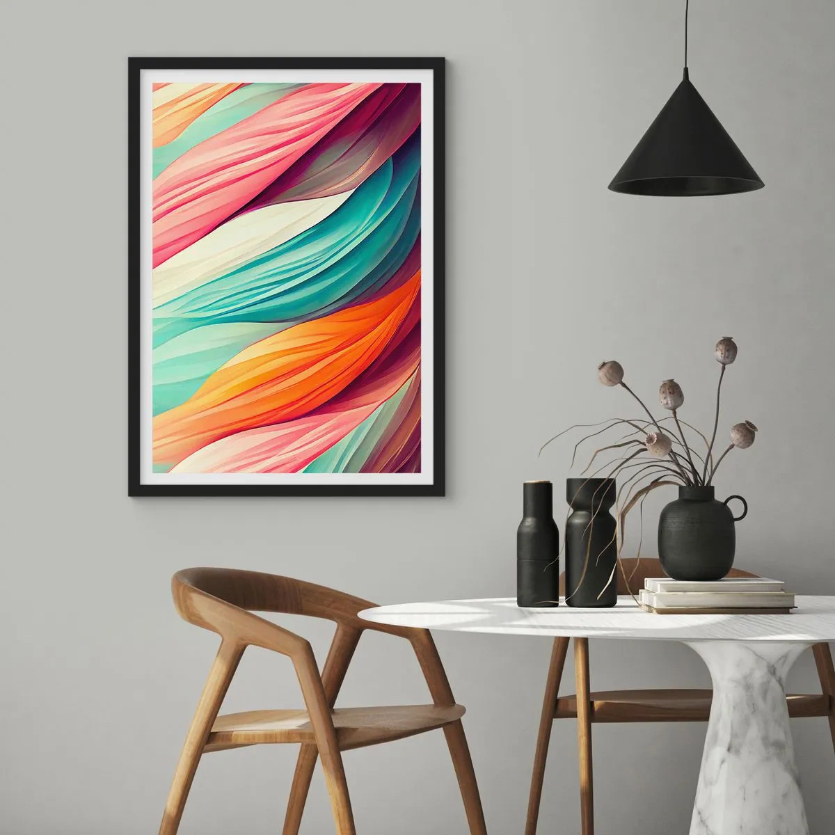 Affisch i svart ram - En abstrakt komposition av vågiga linjer i intensiva färger. - 50x70cm - Regnbågsväv - Modern väggdekoration för vardagsrum och sovrum ARTTOR