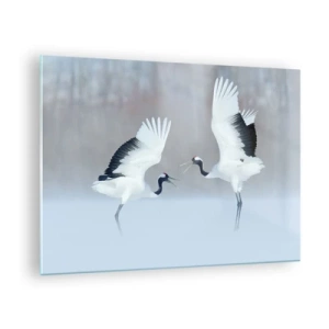 Glastavla - Bild på glas - Dansande tranor mot bakgrund av ett vinterlandskap - 70x50cm - Dansen i dimman - Modern väggdekoration för vardagsrum och sovrum ARTTOR