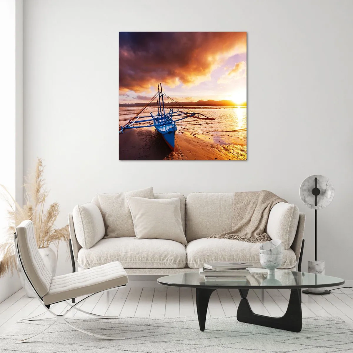 Glastavla - Bild på glas - Lägga sig på sanden efter hela dan - 60x60 cm