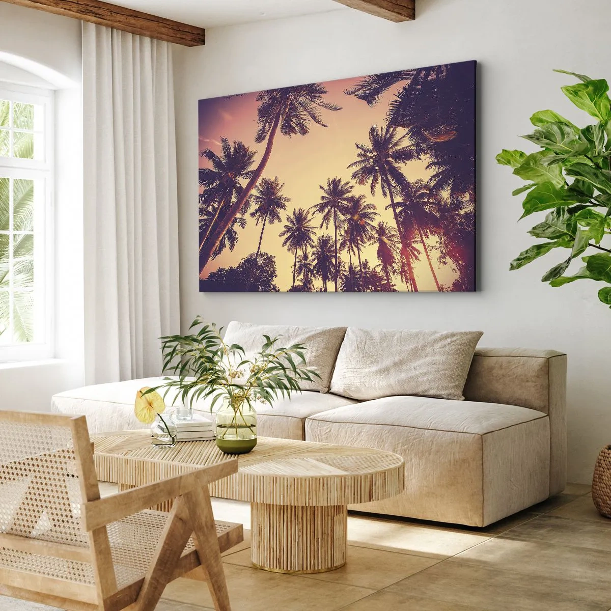 Canvastavla - Bild på duk - Palmer mot himlen med varma solnedgångsfärger - 70x50cm - Tropisk variation - Modern väggdekoration för vardagsrum och sovrum ARTTOR