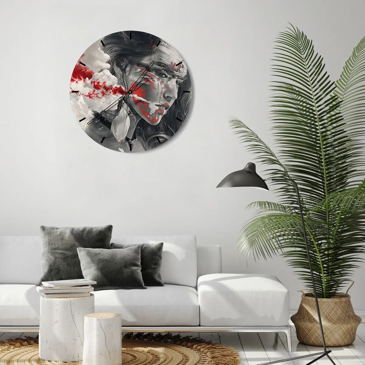 Väggklocka - Klocka på glas - En kvinnas ansikte med abstrakta röda och vita accenter - 30x30cm - Röd-vit absurdhet - Modern väggdekoration för vardagsrum, kök och sovrum ARTTOR