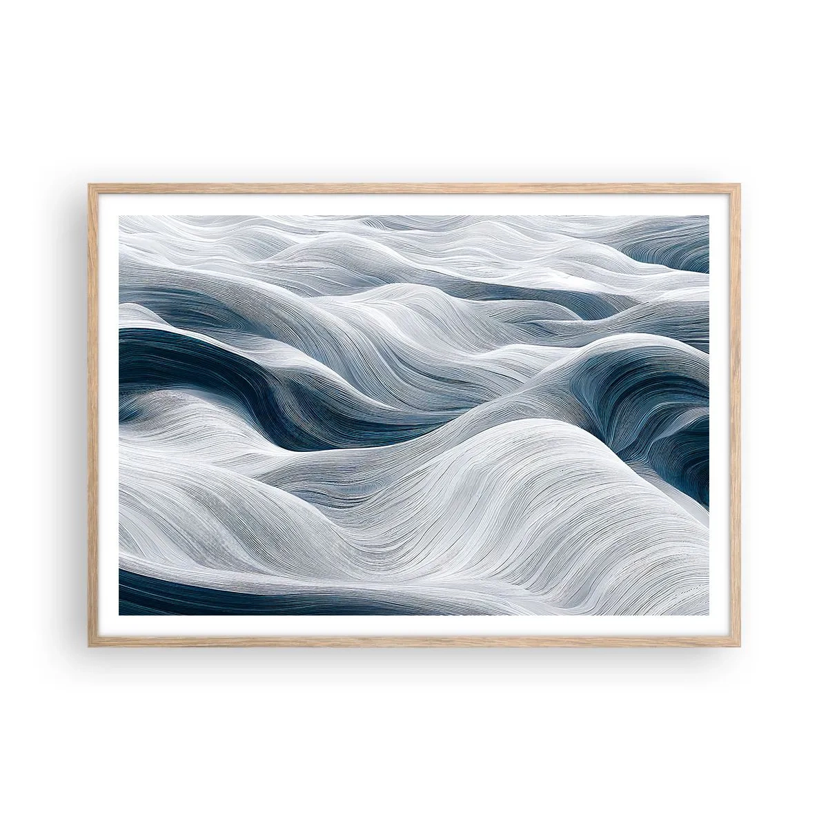 Affisch i ram av ljusek - Vitblåa vågor - 100x70 cm
