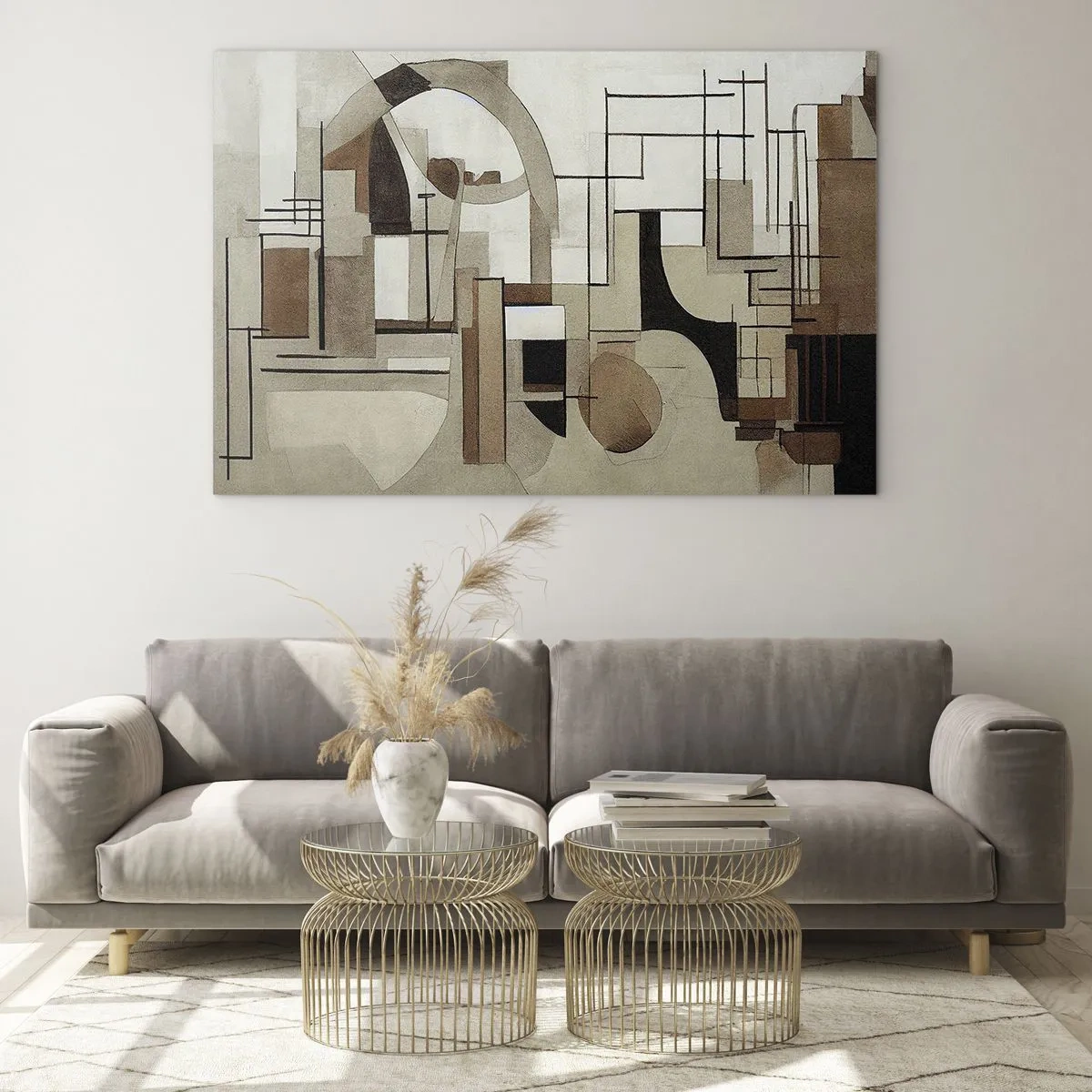 Glastavla - Bild på glas - Geometriskt landskap i nyanser av brunt och beige - 70x50cm - Stadsbild 2.0 - Modern väggdekoration för vardagsrum och sovrum ARTTOR