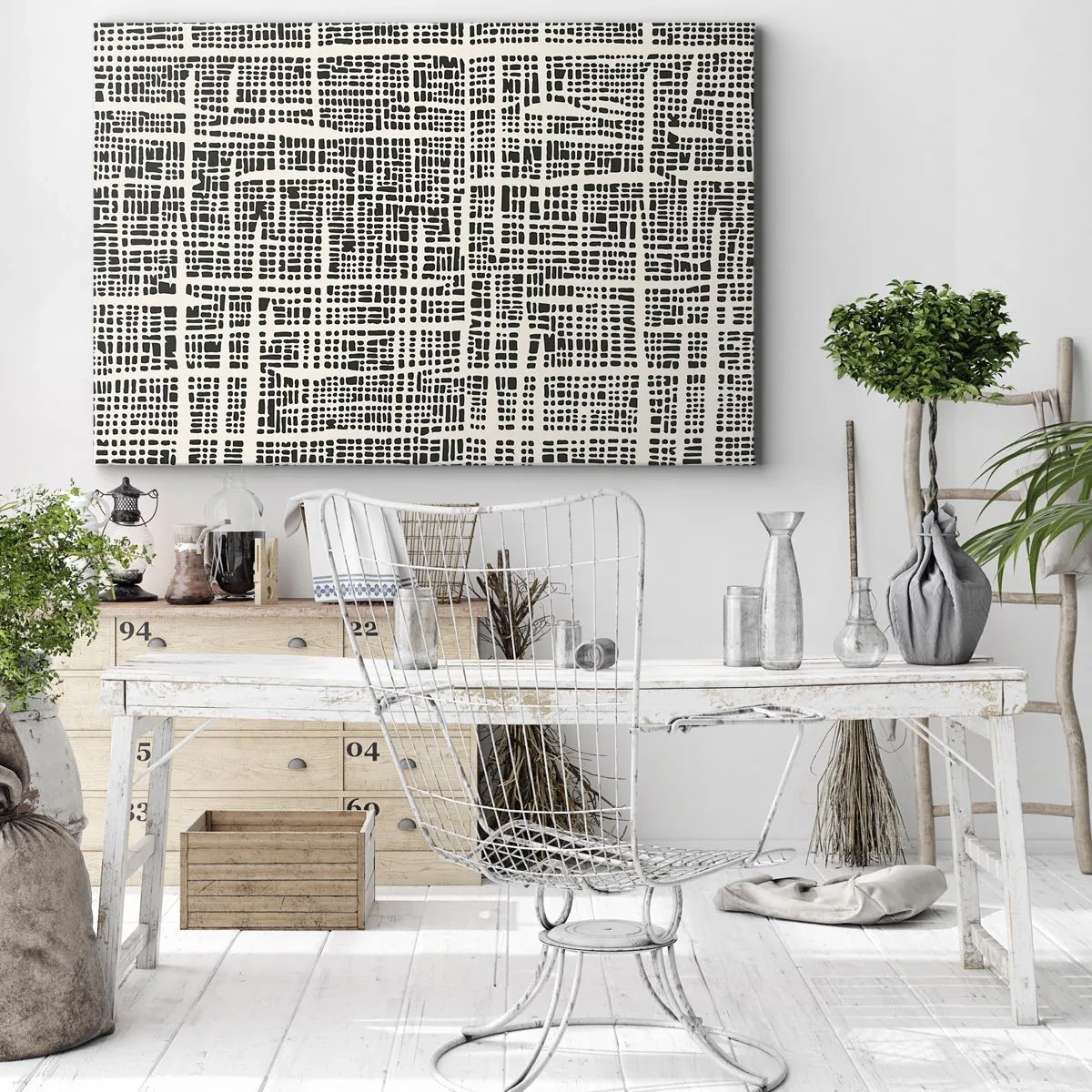 Canvastavla - Bild på duk - Ett geometriskt mönster som liknar ett rutnät mot en ljus bakgrund - 70x50cm - Vävd komposition - Modern väggdekoration för vardagsrum och sovrum ARTTOR