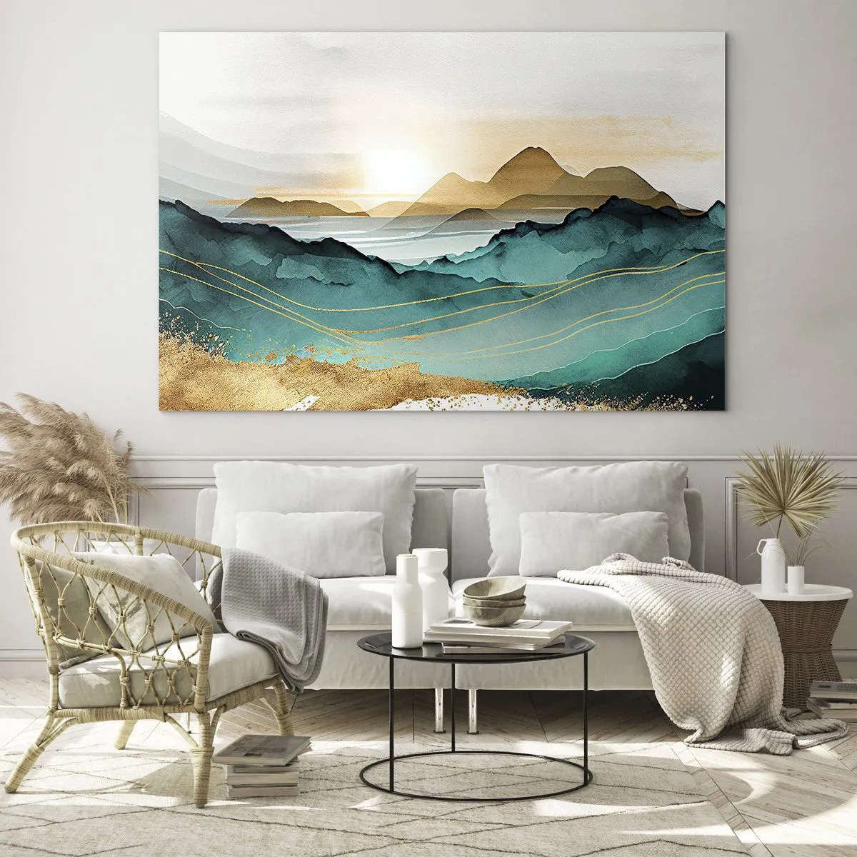Glastavla - Bild på glas - Ett guld- och turkost bergslandskap i akvarellstil. - 70x50cm - På gränsen till abstraktion - landskap - Modern väggdekoration för vardagsrum och sovrum ARTTOR