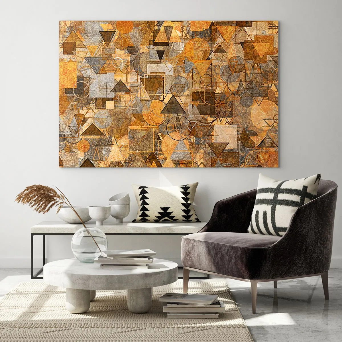 Glastavla - Bild på glas - Abstrakt geometrisk komposition i varma toner - 70x50cm - Värld infattad i form - Modern väggdekoration för vardagsrum och sovrum ARTTOR