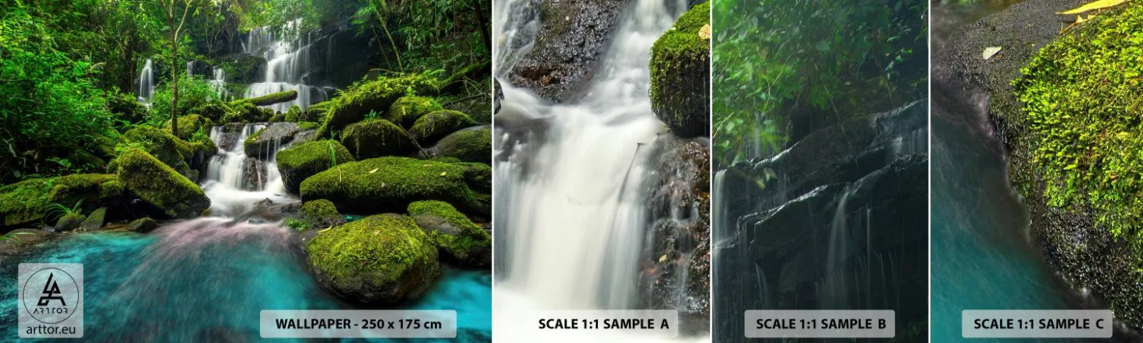 Provbit av självhäftande fototapet Deluxe Sticker - Turkos, safir och flytande silver - Landskap, Vattenfall, Bergsbäck - 100x30 cm