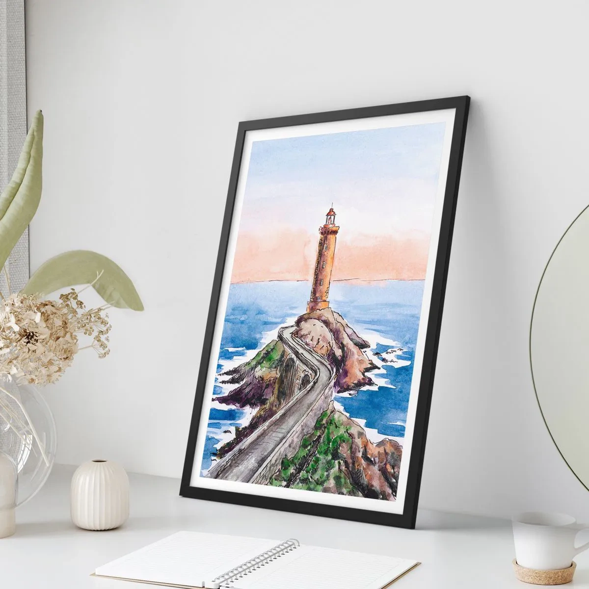 Affisch i svart ram - Akvarell illustration av en fyr på en klippig kust - 50x70cm - Vänd mot havet - Modern väggdekoration för vardagsrum och sovrum ARTTOR