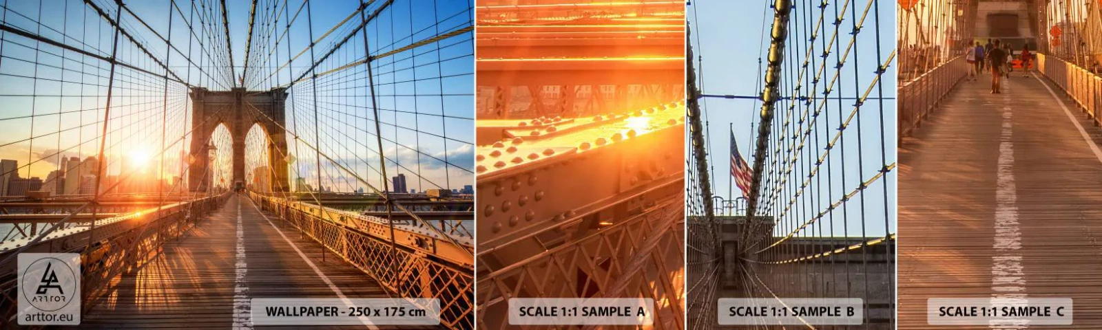 Provbit av självhäftande fototapet Deluxe Sticker - På guldbron - New York, Brooklyn Bridge, Arkitektur - 100x30 cm