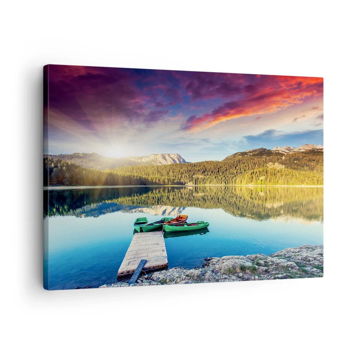 Canvastavla - Bild på duk - Solnedgång över sjön med båtar vid piren - 70x50cm - Vid spegelklart vatten - Modern väggdekoration för vardagsrum och sovrum ARTTOR