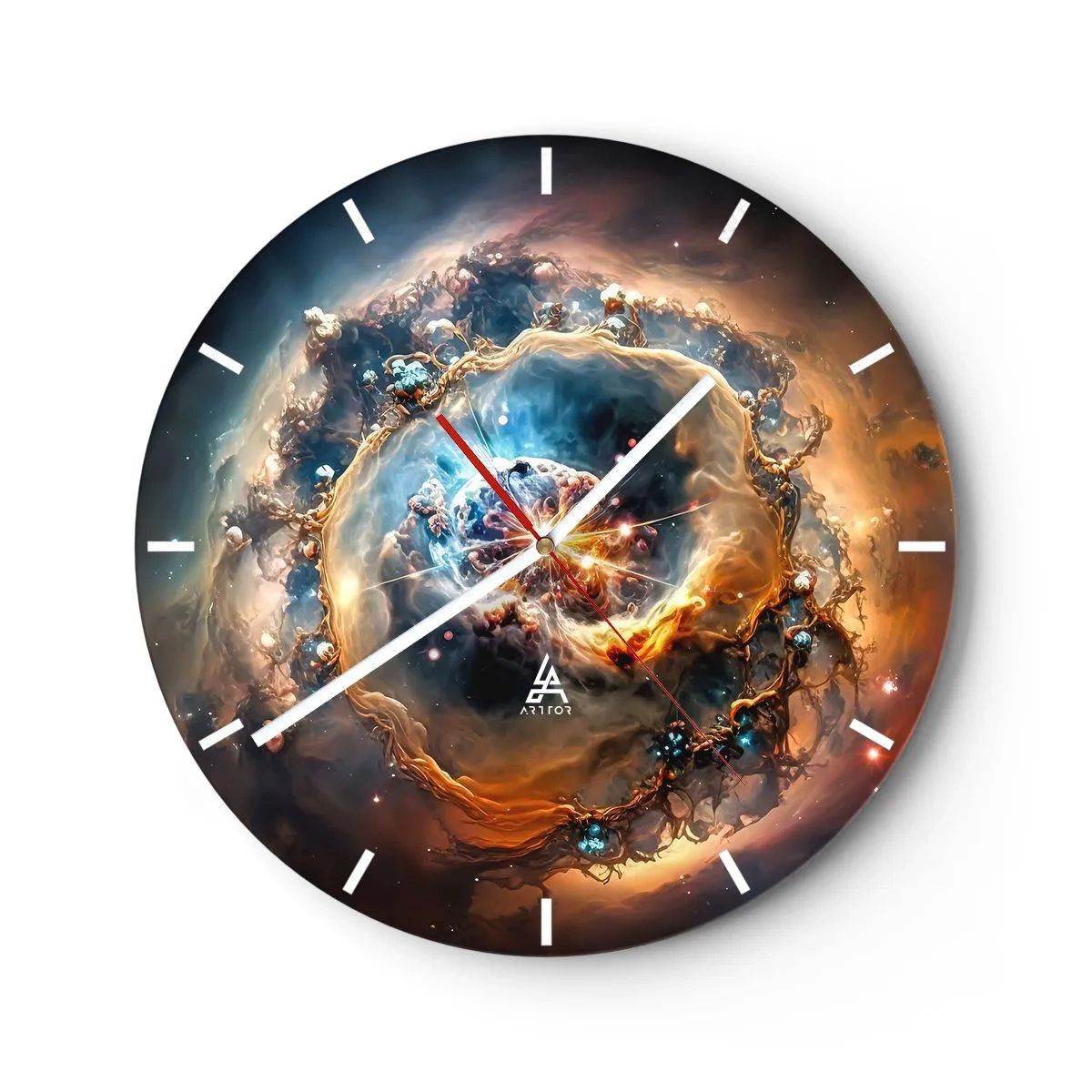 Väggklocka - Klocka på glas - En kosmisk virvel i intensiva färger - 30x30cm - Början - Modern väggdekoration för vardagsrum, kök och sovrum ARTTOR
