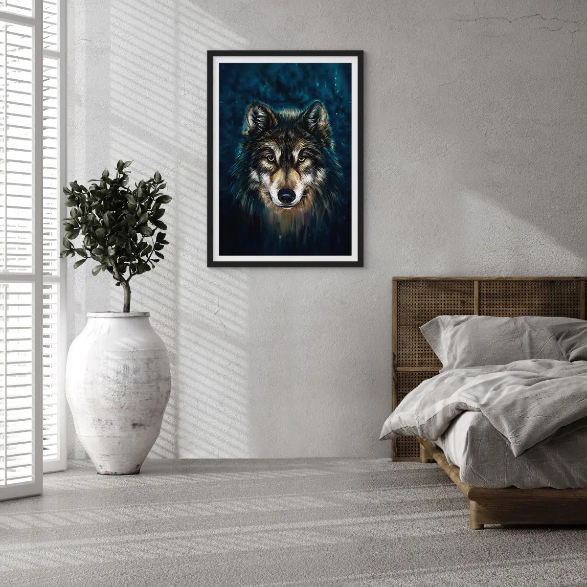 Affisch i svart ram - Porträtt av en varg i en mörk, konstnärlig ton - 50x70cm - Alfa? Och omega - Modern väggdekoration för vardagsrum och sovrum ARTTOR