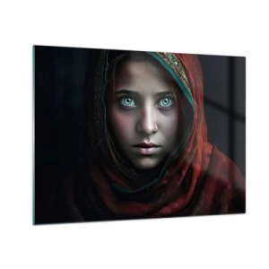 Glastavla - Bild på glas - Porträtt av en kvinna i en röd halsduk mot en mörk bakgrund - 70x50cm - Östlig prinsessa - Modern väggdekoration för vardagsrum och sovrum ARTTOR