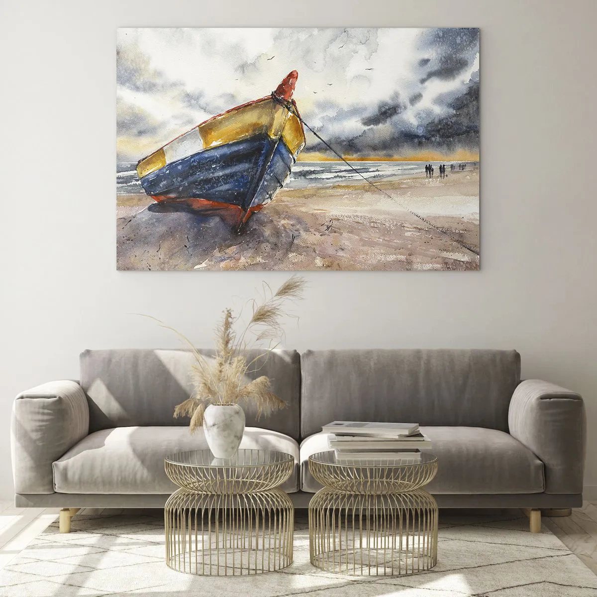 Glastavla - Bild på glas - En färgglad båt på stranden på en molnig dag - 70x50cm - Vila på stranden - Modern väggdekoration för vardagsrum och sovrum ARTTOR