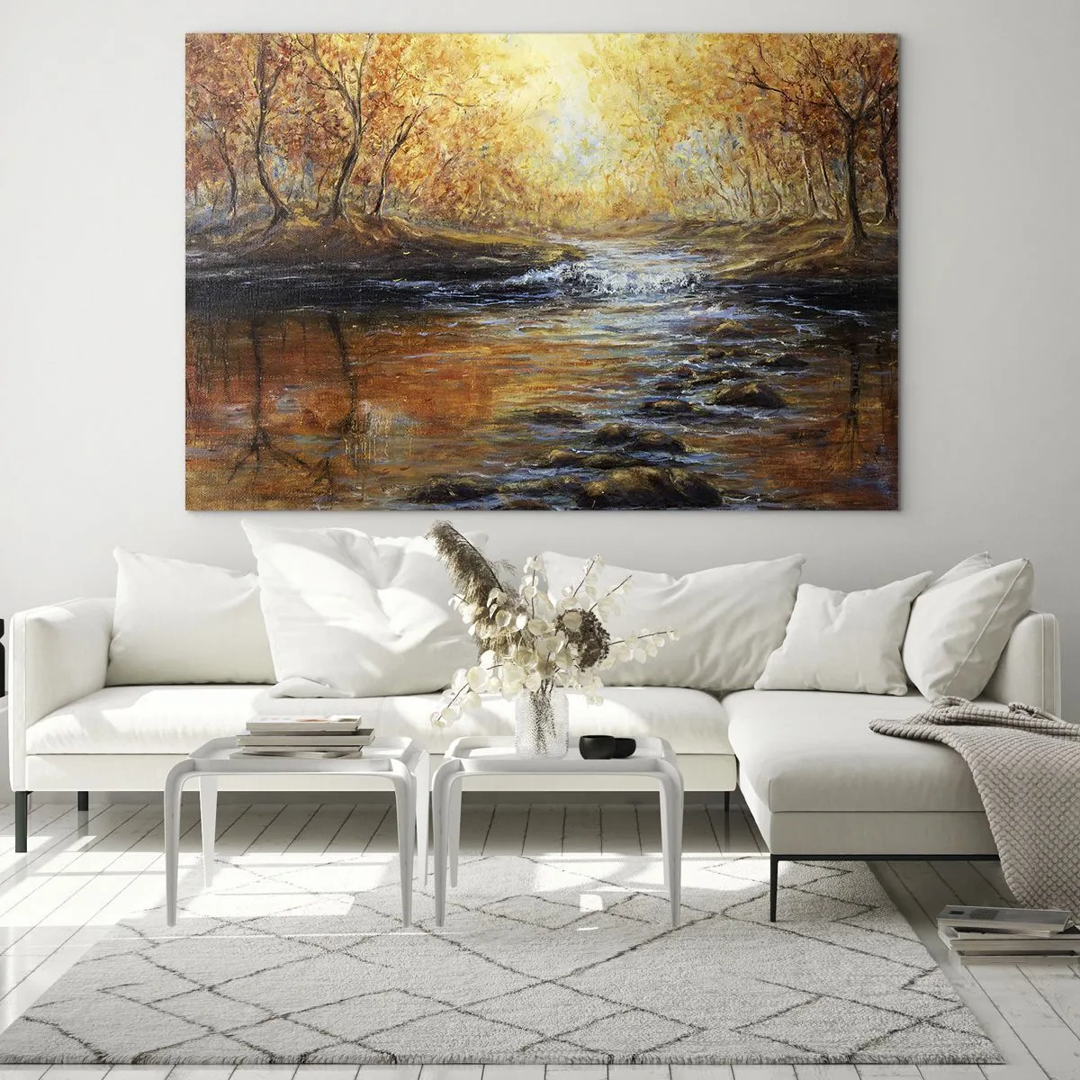 Glastavla - Bild på glas - En gyllene bäck i skogen omgiven av höstträd - 70x50cm - Gyllene bäck - Modern väggdekoration för vardagsrum och sovrum ARTTOR