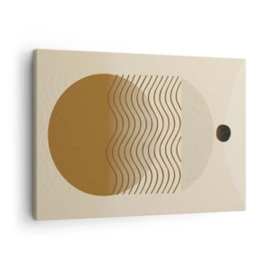 Canvastavla - Bild på duk - Geometrisk abstraktion med cirklar och vågiga linjer i varma färger. - 70x50cm - Om geometriska figurers ursprung - Modern väggdekoration för vardagsrum och sovrum ARTTOR