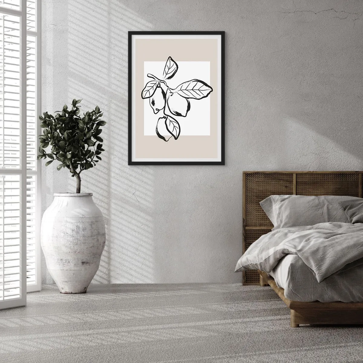 Affisch i svart ram - En minimalistisk illustration av en citronkvist i svartvit stil. - 50x70cm - Där citronen mognar... - Modern väggdekoration för vardagsrum och sovrum ARTTOR