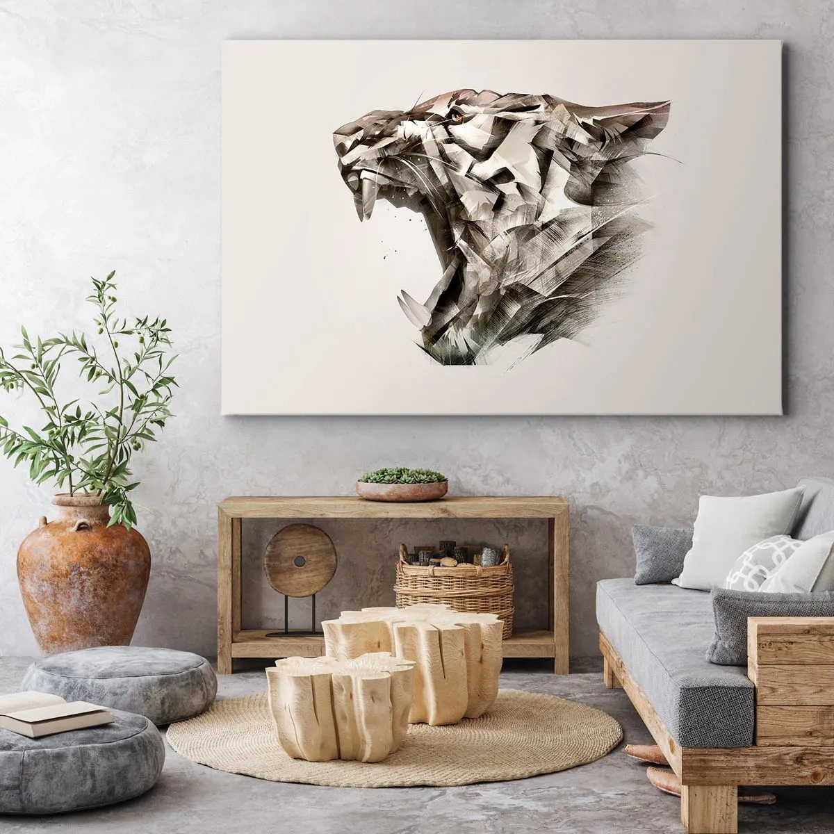 Canvastavla - Bild på duk - Abstrakt bild av en tiger i beige nyanser - 70x50cm - Nu vet du vem som styr - Modern väggdekoration för vardagsrum och sovrum ARTTOR