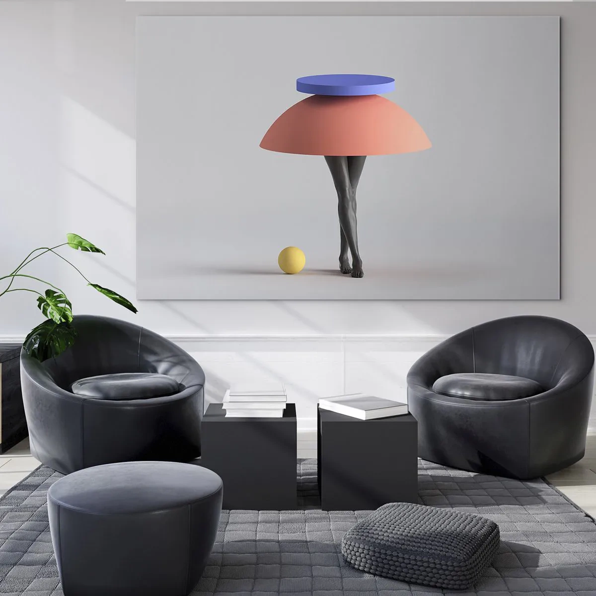 Glastavla - Bild på glas - En surrealistisk figur gjord av geometriska former och ben - 70x50cm - Surrealistisk komposition - Modern väggdekoration för vardagsrum och sovrum ARTTOR