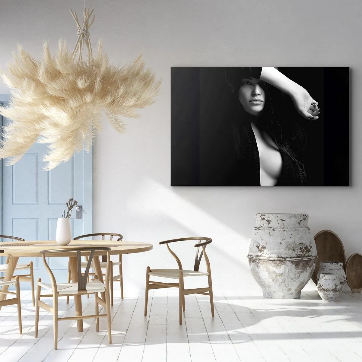 Canvastavla - Bild på duk - Elegant porträtt av en kvinna i svartvitt - 70x50cm - Förförelsens skola - Modern väggdekoration för vardagsrum och sovrum ARTTOR