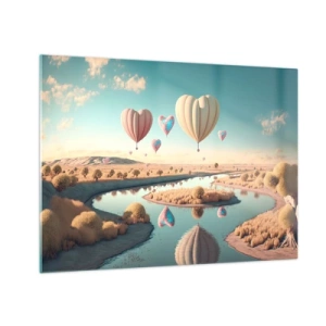 Glastavla - Bild på glas - Hjärtformade ballonger över ett sagolika landskap med en flod - 70x50cm - Kärleken låter dig sväva - Modern väggdekoration för vardagsrum och sovrum ARTTOR