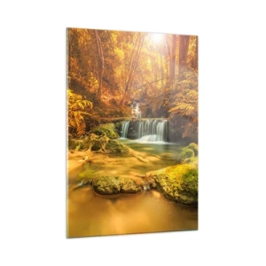 Glastavla - Bild på glas - Skogkaskad i gult - 50x70 cm
