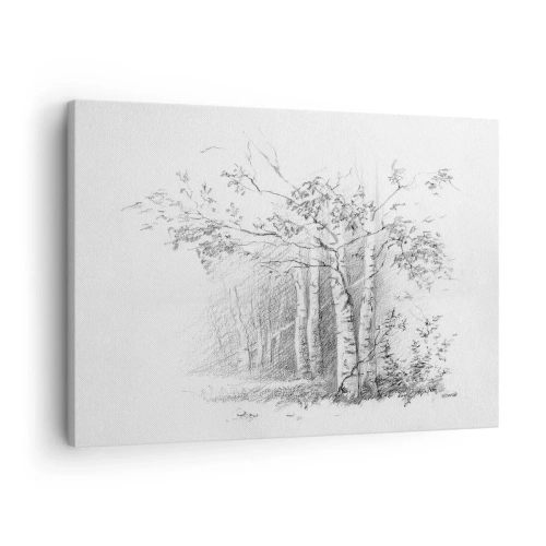Canvastavla - Bild på duk - En teckning av en björkskog i en subtil blyertsskiss - 70x50cm - Björkskogens ljus - Modern väggdekoration för vardagsrum och sovrum ARTTOR
