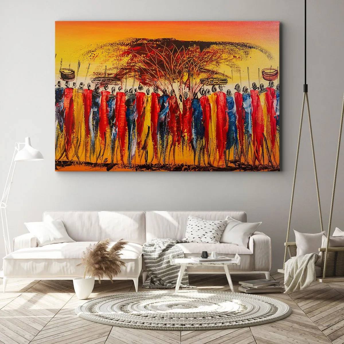 Canvastavla - Bild på duk - En färgglad scen med afrikanska figurer mot bakgrund av den nedgående solen. - 70x50cm - Dit, dit, dit de går - Modern väggdekoration för vardagsrum och sovrum ARTTOR