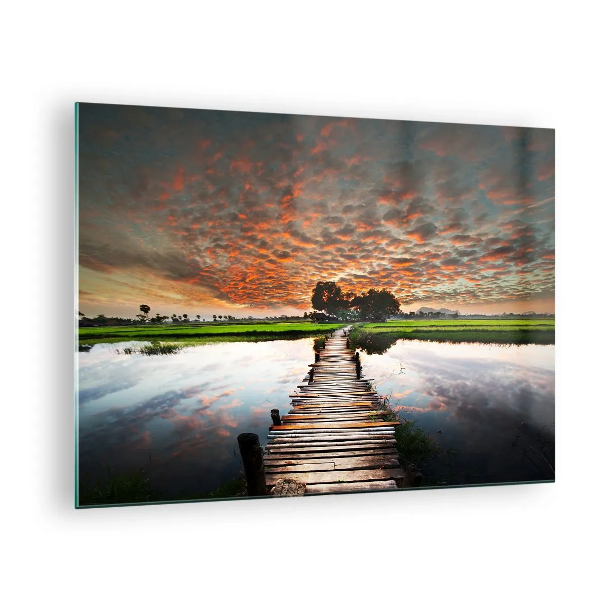 Glastavla - Bild på glas - Träbro över floden vid solnedgången - 70x50cm - Fäll ut armarna - andas  - Modern väggdekoration för vardagsrum och sovrum ARTTOR