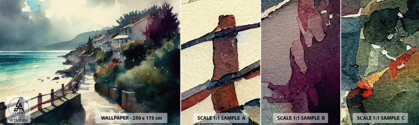 Provbit av självhäftande fototapet Deluxe Sticker - Medelhavsstad - Hus, Landskap, Strand - 100x30 cm