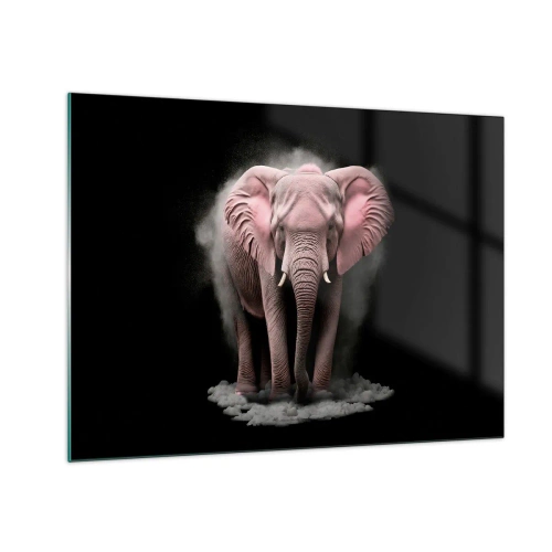 Glastavla - Bild på glas - En rosa elefant mot svart bakgrund omgiven av ett dammmoln. - 70x50cm - Tänk inte på en rosa elefant! - Modern väggdekoration för vardagsrum och sovrum ARTTOR