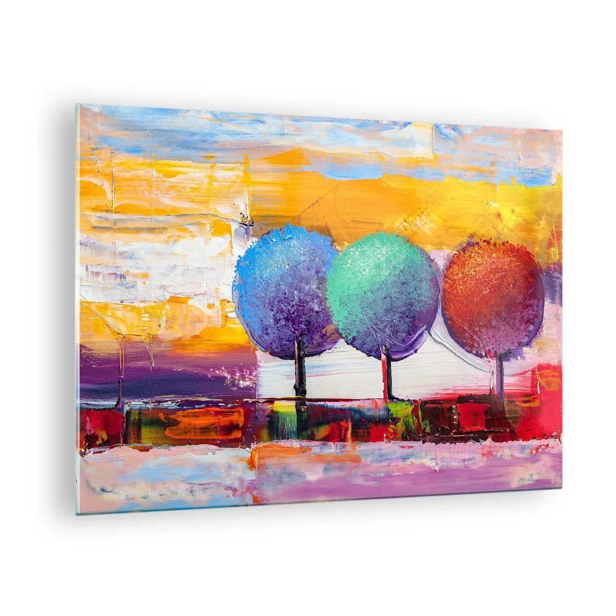Glastavla - Bild på glas - Färgglada abstrakta träd på en intensiv bakgrund - 70x50cm - Tredje gången gillt - Modern väggdekoration för vardagsrum och sovrum ARTTOR