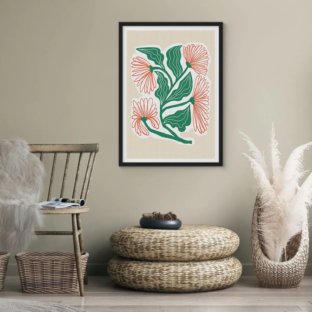 Affisch i svart ram - Abstrakt blom- och bladmotiv på beige bakgrund - 50x70cm - Folkligt och modernt - Modern väggdekoration för vardagsrum och sovrum ARTTOR